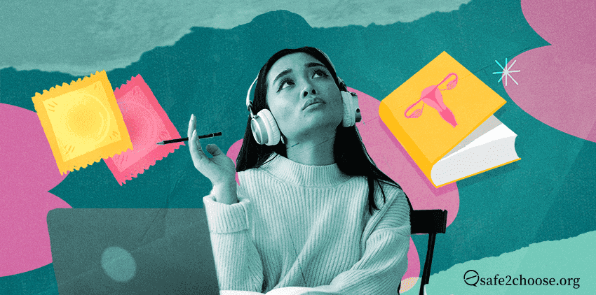 Young woman wearing headphones, looking curious while learning about reproductive health, with floating icons of condoms and a uterus book representing sexual education