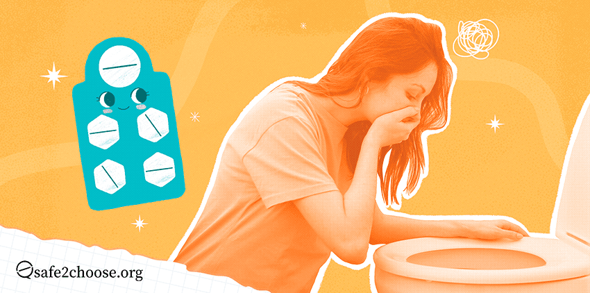 Woman feeling nauseous near a toilet after taking abortion pills, with illustrated pill pack beside her