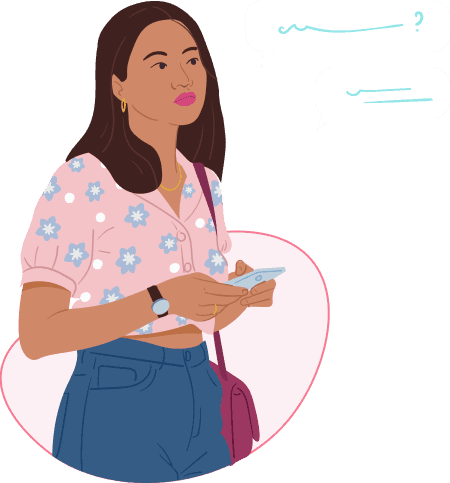 Illustration of a thoughtful woman with long dark hair, wearing pink floral shirt and blue jeans, holding a smartphone symbolizing abortion care and information